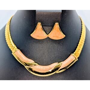 VTG Napier Bold Herringbone Peach Enamel Twist Collar Necklace & Earring Set